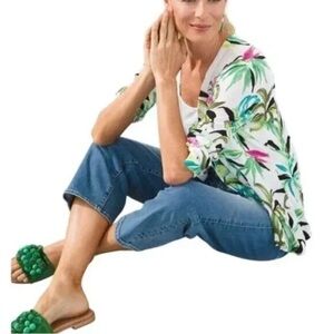 Chico's Women's Summer Romance Floral Open Front Cardigan Sweater Top Size XL